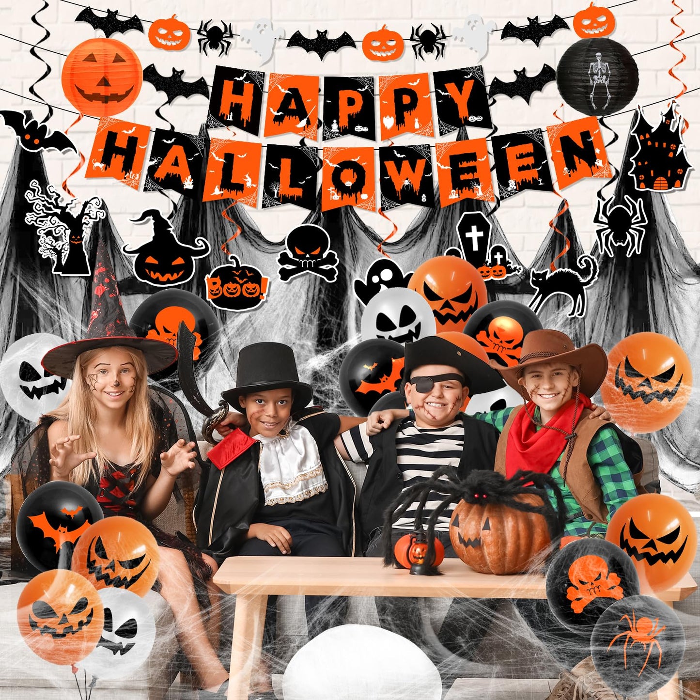 Halloween Decorations,Orange and Black Halloween Party Decorations Hanging Swirls,Ghost and Bat Spider Banner,Creepy Cloth, Balloon for Spooky halloween Decor Set