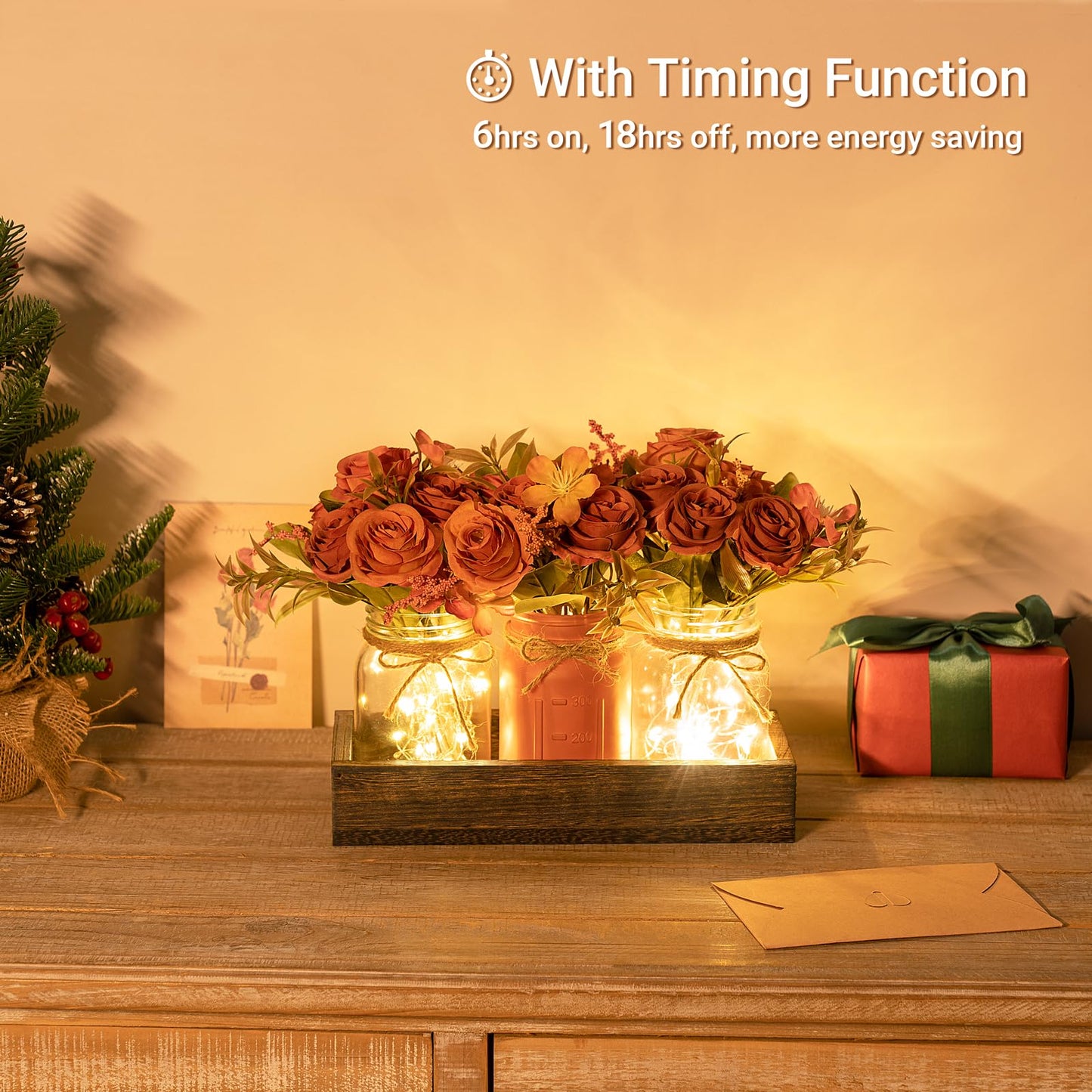 Mkono Mason Jar Lights Centerpiece Table Decor for Dining Room Farmhouse Wood Tray with 3 Jars Flowers Fall Decoration for Coffee Table Kitchen Living Room Wedding