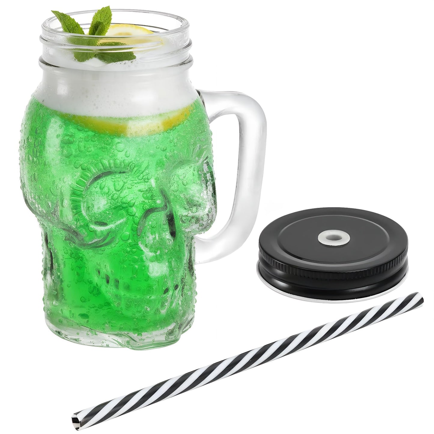 TOPZEA 6 Pack Skull Mason Jars with Handle, 16 Oz Glass Beer Mugs Gothic Wide Mouth Tumbler Cup with Straws and Lids, Novelty Pub Bar Mug Halloween Drinking Glasses for Beverage, Liquor, Mix Cocktail