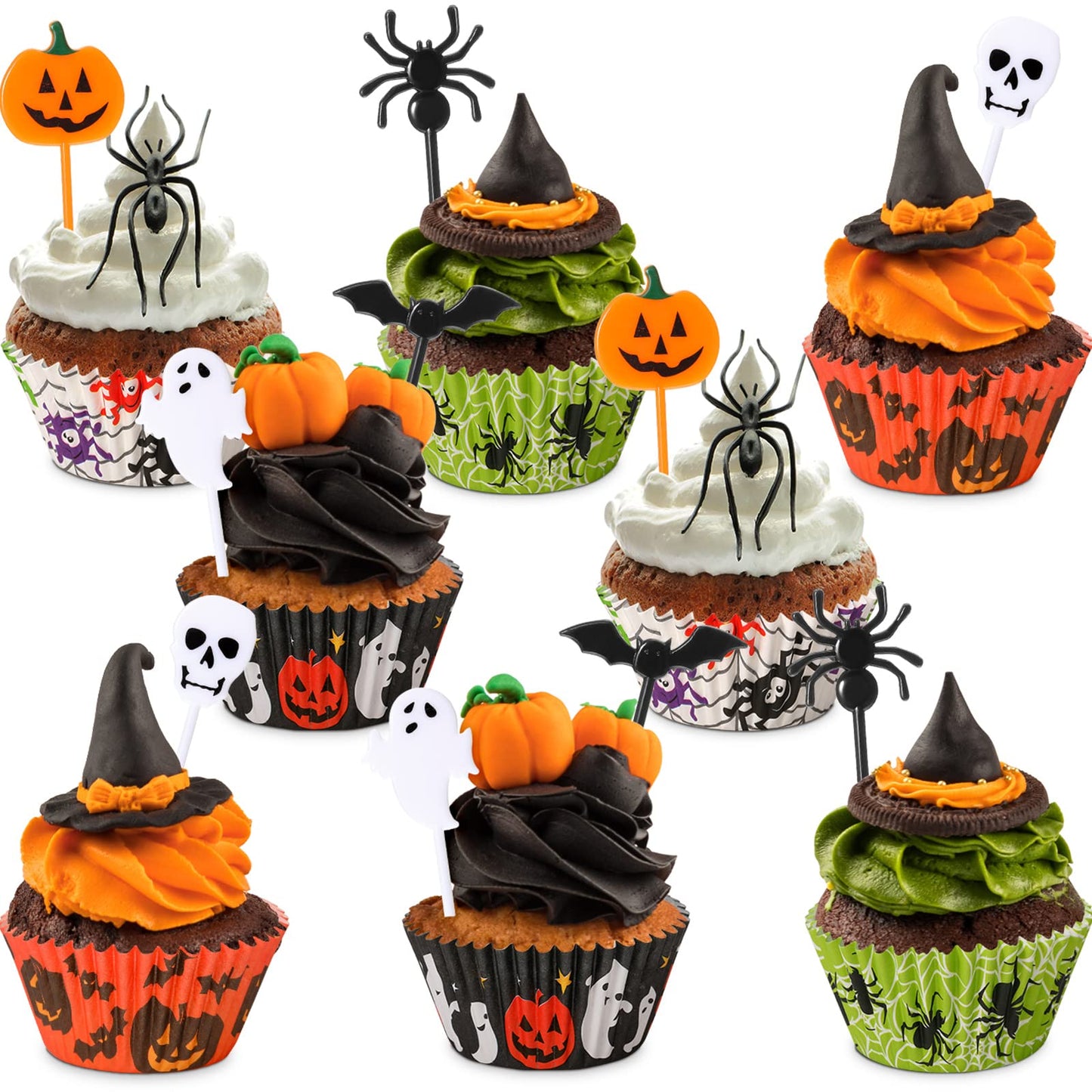 Cunhill 150 Pieces Halloween Picks Set 50 Plastic Cupcake Topper Pumpkin Bat Ghost Toothpicks with 100 Paper Cupcake Liners Muffin Wrappers Baking Cups for Birthday Halloween Party Supplies