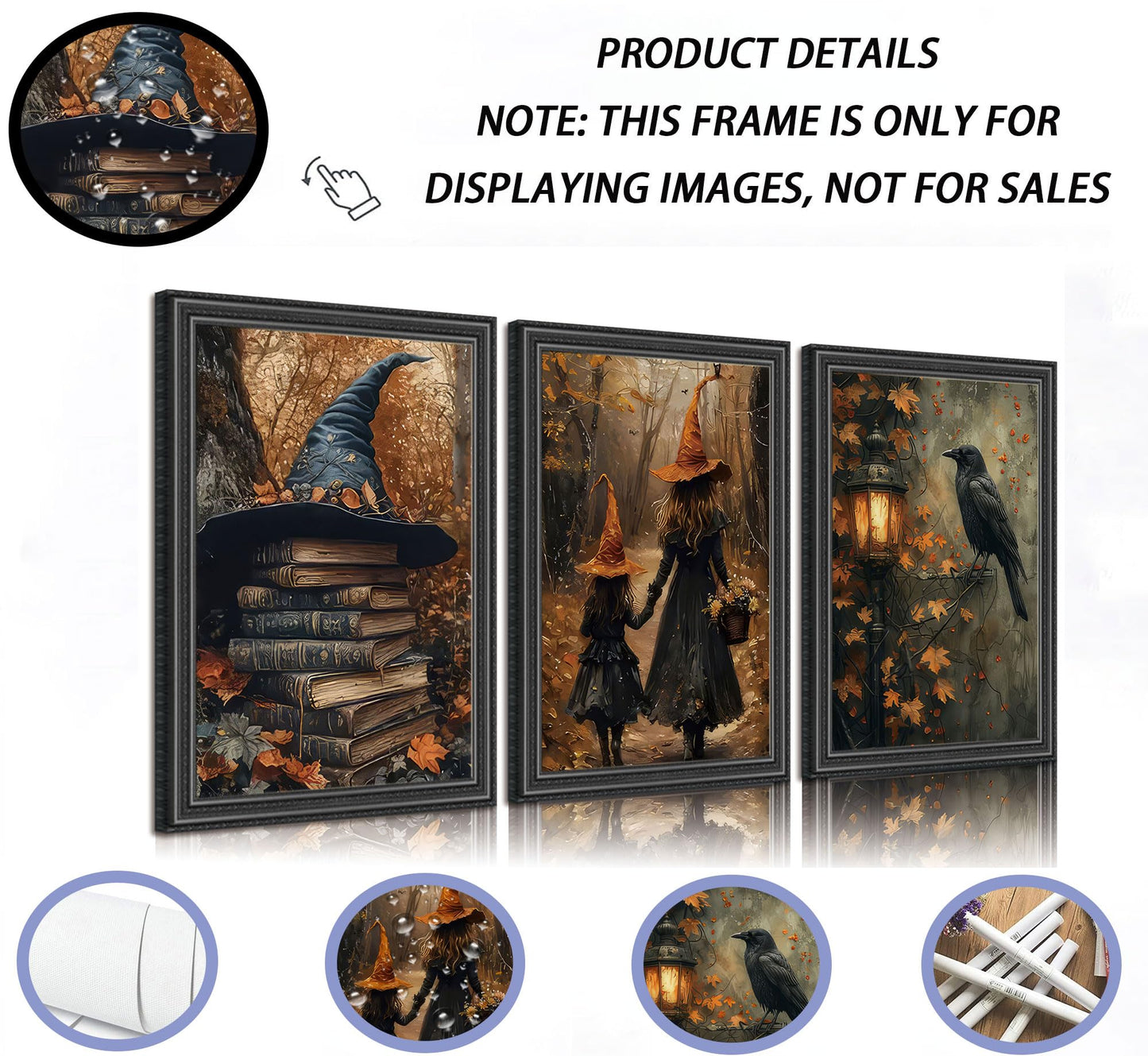 3pcs Halloween Canvas Wall Art Autumn Gothic Witch Books Crow Posters Prints Dark Academia Witch Wall Decor Pictures for Halloween Party House Decoration Unframed