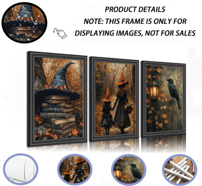 3pcs Halloween Canvas Wall Art Autumn Gothic Witch Books Crow Posters Prints Dark Academia Witch Wall Decor Pictures for Halloween Party House Decoration Unframed