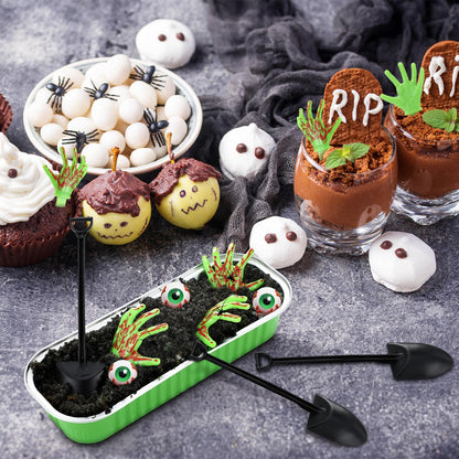 SiliFine 24 Set Halloween Zombie Hands Decor Green Skeleton Hands Cake Toppers Halloween Baking Pans with Lids Shovel Spoons Horror Spooky Decoration for Zombie Birthday Party(Green)