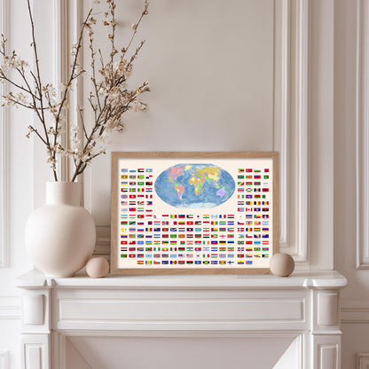 Poster Master Flags of the World Poster - World Print - Learning Materials Art - Educational Art - Gift for Kids, Students & Teacher - Wall Decor for Classroom or Library, 11x14 Beige Framed