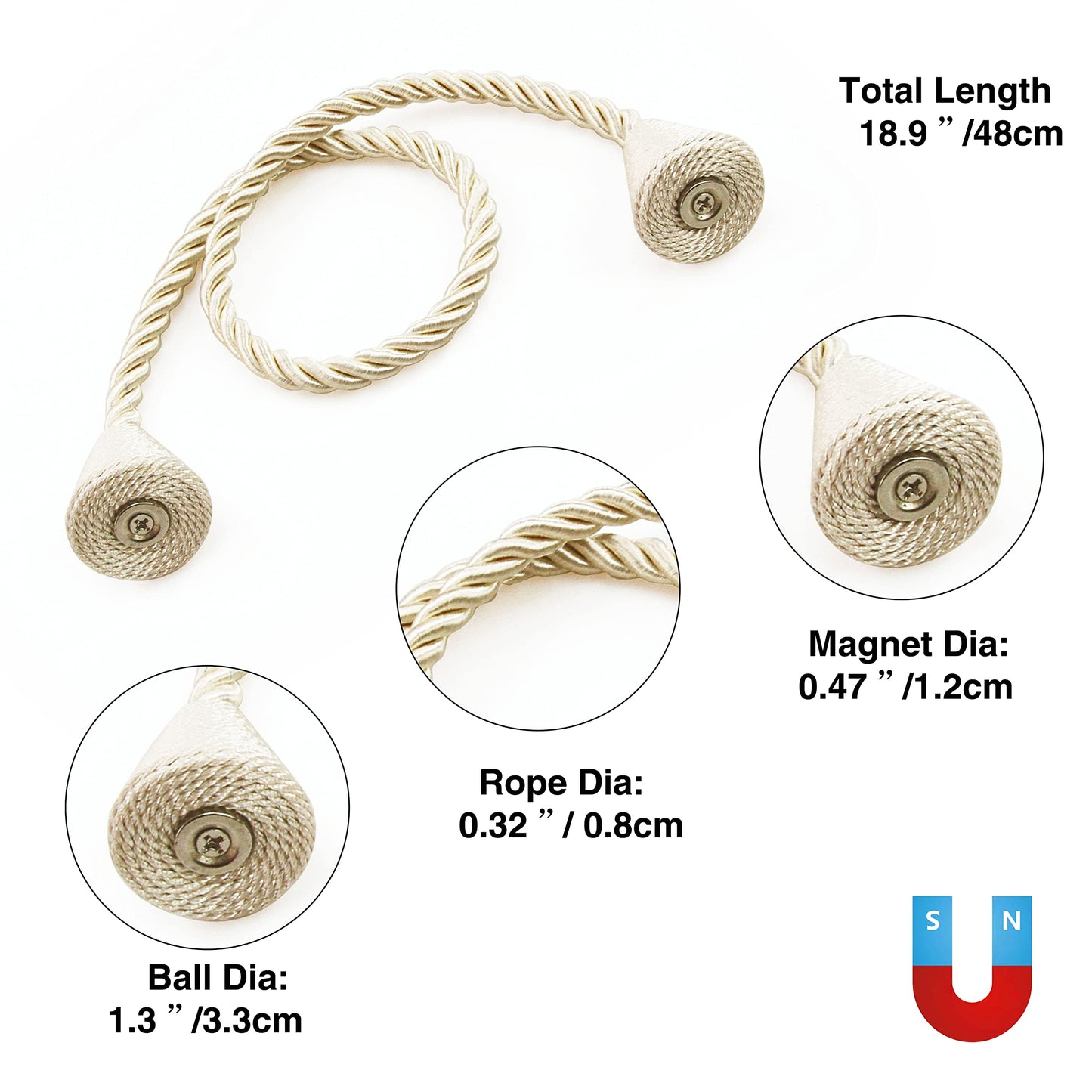 Nieffeiy 4 Pack Magnetic Curtain Tiebacks Rope Modern Handmade Curtain Tie Backs Decorative Drapes Weave Holdbacks for Window Décor, Beige