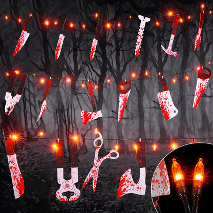 BlcTec Scary Halloween Decorations, 12 FT Halloween String Lights with 16 Fake Bloody Knives & 50 LED Orange Big Bulbs, 8 Modes Battery Operated Bloody Party Supplies for House Décor