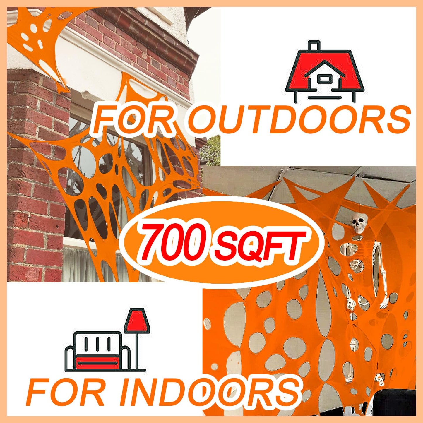 YHFUISK 700 Sqft Giant Durable Spider Web Halloween Decorative Outdoor, Beef Web for Glow in The Dark Spider Web, Orange Giant Spider Outdoor Decor Set,with 3 Blacklight (24FT x 4FT)