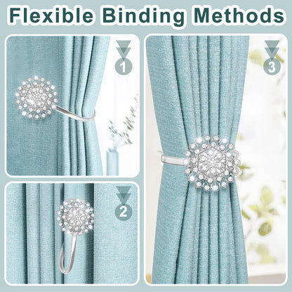 AULEEP Magnetic Curtain Tiebacks, 4 Pack Magnetic Crystal Decorative Drapes Curtain Clips Buckle, Flower Curtain Tie Back, European and American Style (Silver)