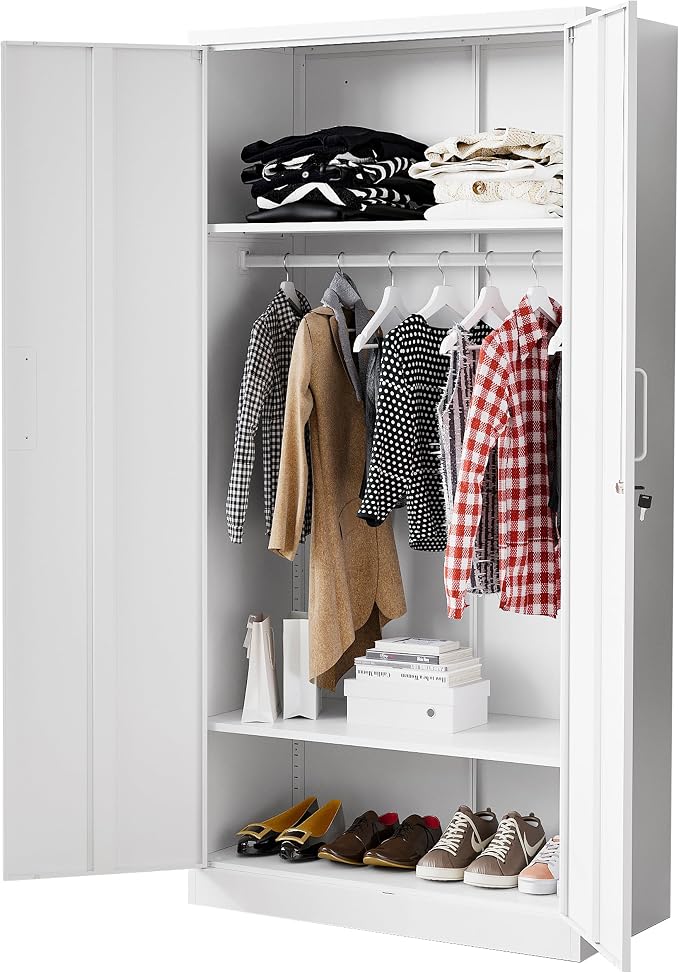 BYNSOE Metal Storage Cabinet 72'' Metal Locker with Locking Storage Locker with Hanging Rod for Office Hospital Require Assembly (White)