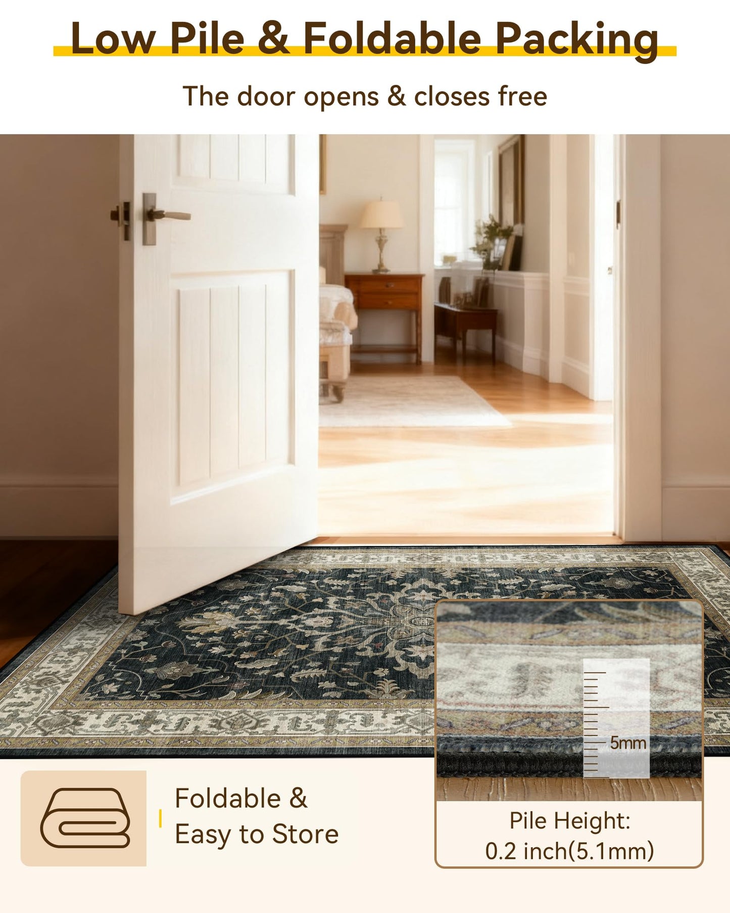 RELEANY Area Rugs 5'x7' Washable Vacuum-Friendly, Non-Slip, Floral Vintage Distress Print Pattern Medallion Carpet for Living Room Bedroom Vintage Black Beige Brown
