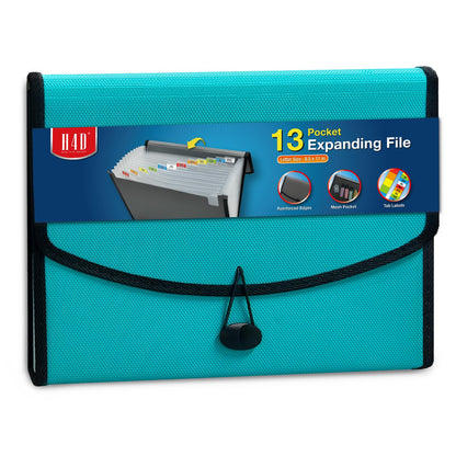 H4D 13-Pocket Accordion File Organizer with Mesh Pocket, Expanding File Folder with Tabs, Expandable Document Organizer for Home Office School, Letter Size, Teal