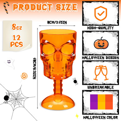 Bokon Set of 12 Halloween Cups Skull Goblets Gothic Party Table Decorations Plastic Wine Goblet Halloween Party Supplies Skeleton Themed Centerpiece(Orange)