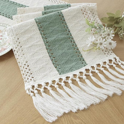 FEXIA Sage Green Table Runner 90 Inches Long with Tassels Boho for Summer Home Decor Rustic Macrame Farmhouse Table Cover for Wedding Party Bohemian Bridal Shower Dining Decorations(12x90 Inches)