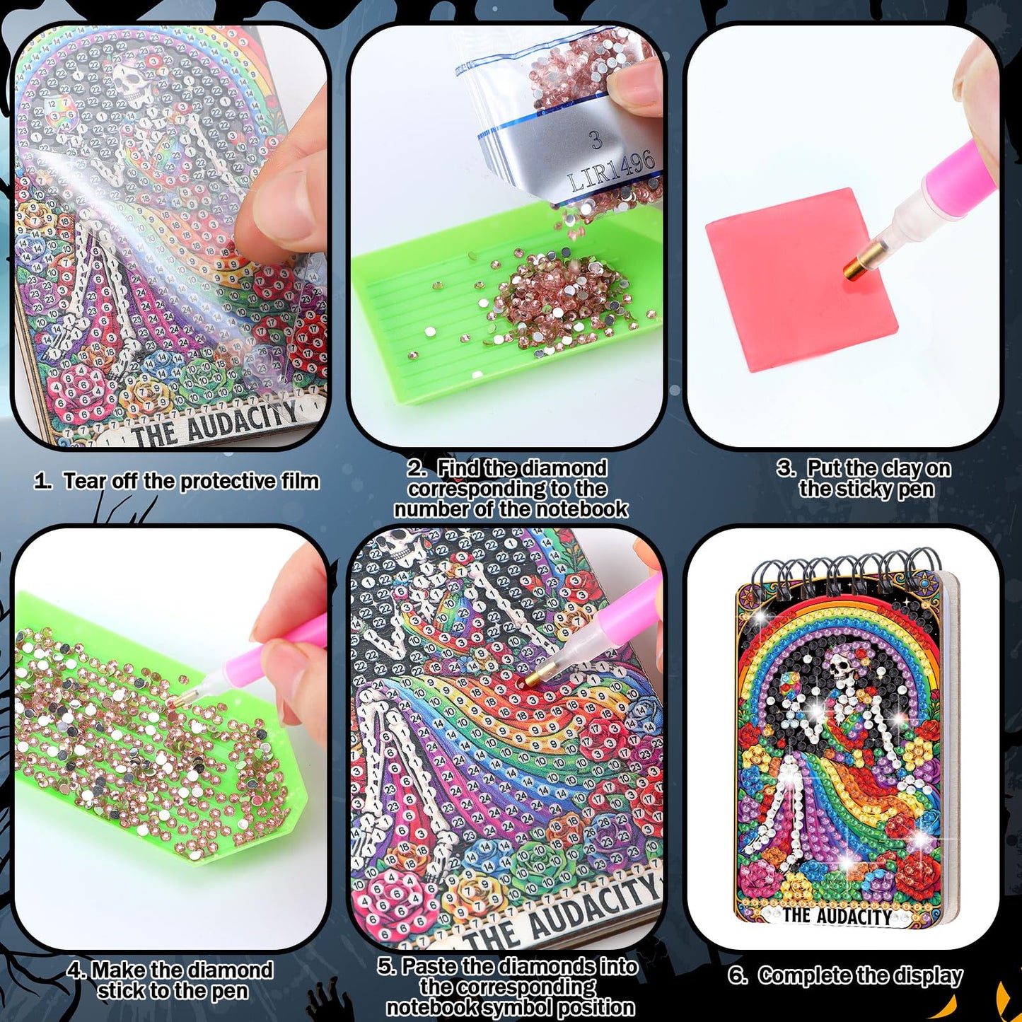 Fuyoooo 12 Pcs Summer Halloween Diamond Art Notebook Kits for Adults DIY Hawaiian Halloween Diamond Painting Notebook Gift Set Cover Notepad 5d Pink Skull Journal Art Crafts Accessories with Tools