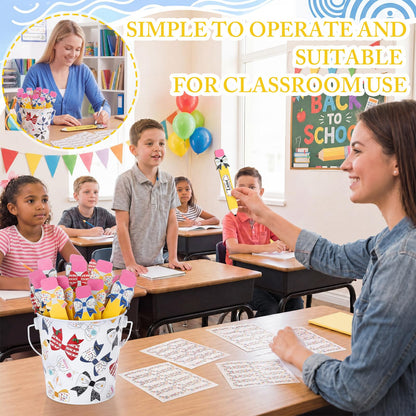 ReliThick 101 Pcs Pencil Bow Flip Name Sticks with Metal Buckets Back to School Talking Sticks with Metal Holder Set for Classroom Management Tool Teacher Essentials Educational Activities