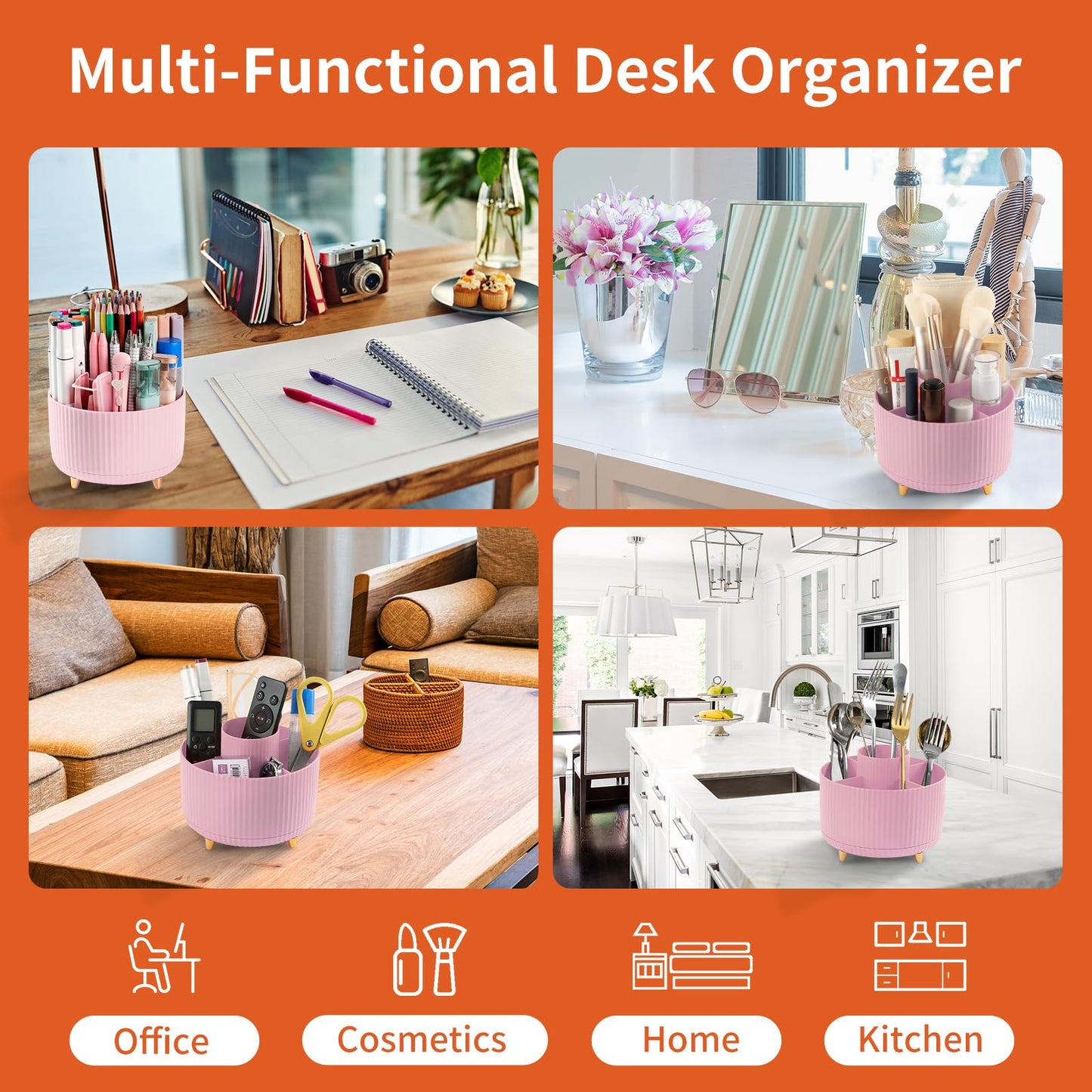 EDENMS Desk Pencil Pen Holder, 5 Slots 360°Degree Rotating Organizers for Desk, Desktop Storage Stationery Supplies Organizer, Cute Cup Pot Office, School, Home, Art Supply, Pink