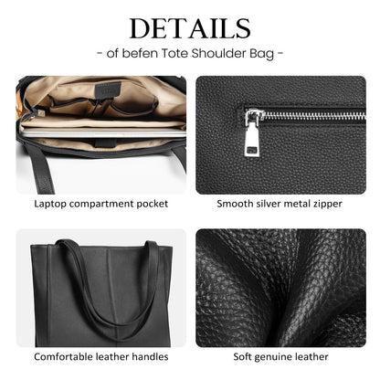 befen Black Genuine Leather Tote Bag for Women Work, Women's Leather Shoulder Bags Purses Satchel Handbags with Top Handles Work Purse