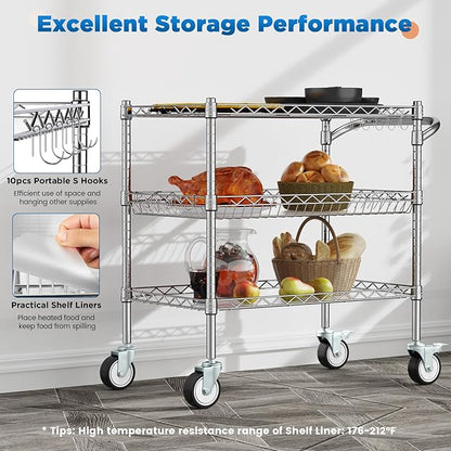 Leteuke 3 Tier Rolling Carts with Wheels, Heavy Duty Rolling Utility Cart,NSF Commercial Grade Metal Cart with Handle&Shelf Liner,Trolley Serving Cart for Kitchen,Restaurant,Plant Display,Chrome