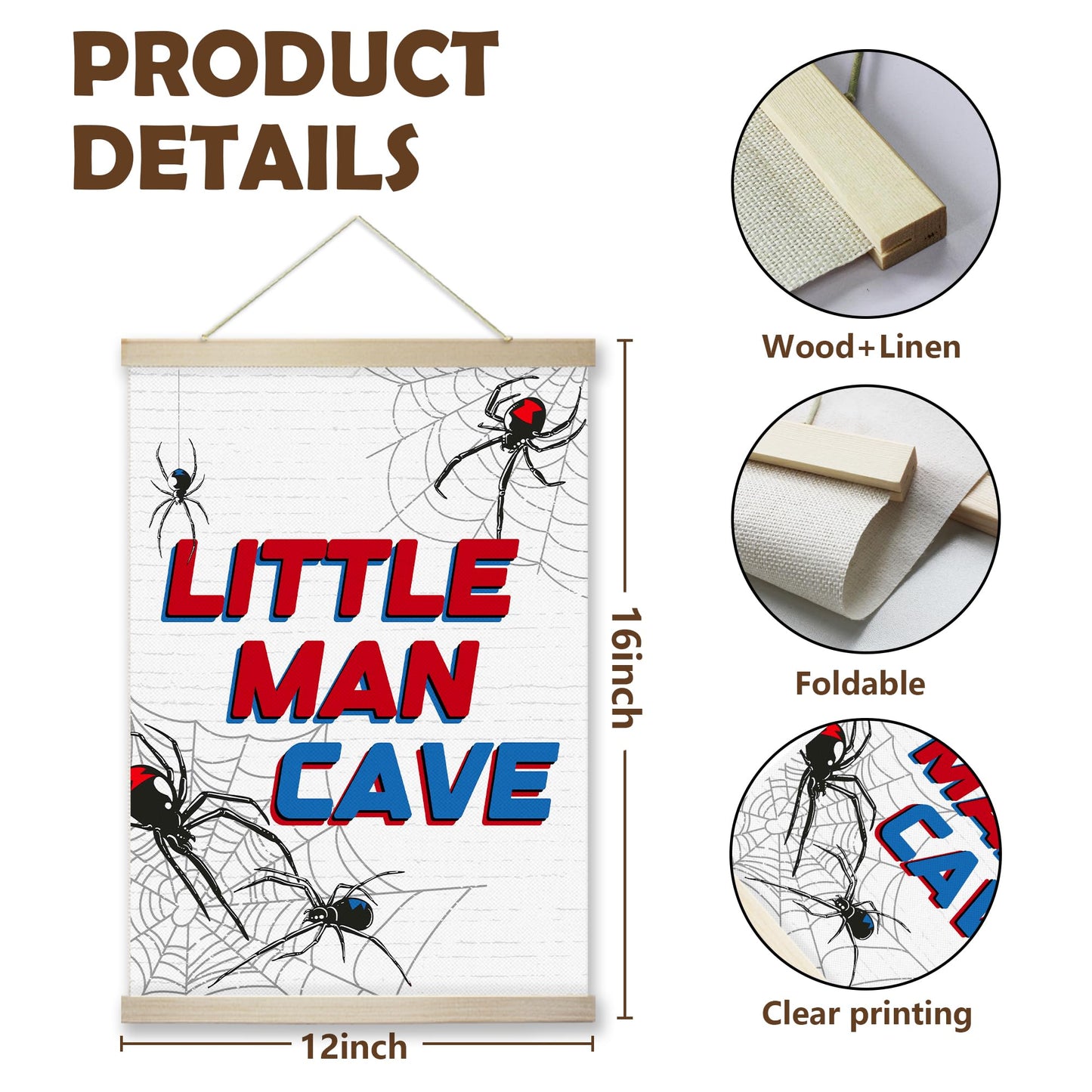 RZQIJ Spider Little Man Cave Sign Hanging Wall Flags Canvas Banner 12x16 Inch - Baby Boy Nursery Decor for Room, Bedroom, Playroom - Nursery Wall Decor - Poster Hanger Frame for Kids(036)