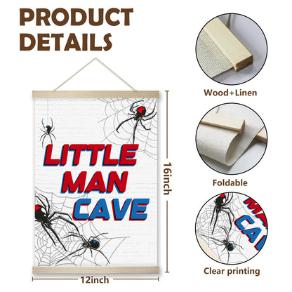 RZQIJ Spider Little Man Cave Sign Hanging Wall Flags Canvas Banner 12x16 Inch - Baby Boy Nursery Decor for Room, Bedroom, Playroom - Nursery Wall Decor - Poster Hanger Frame for Kids(036)