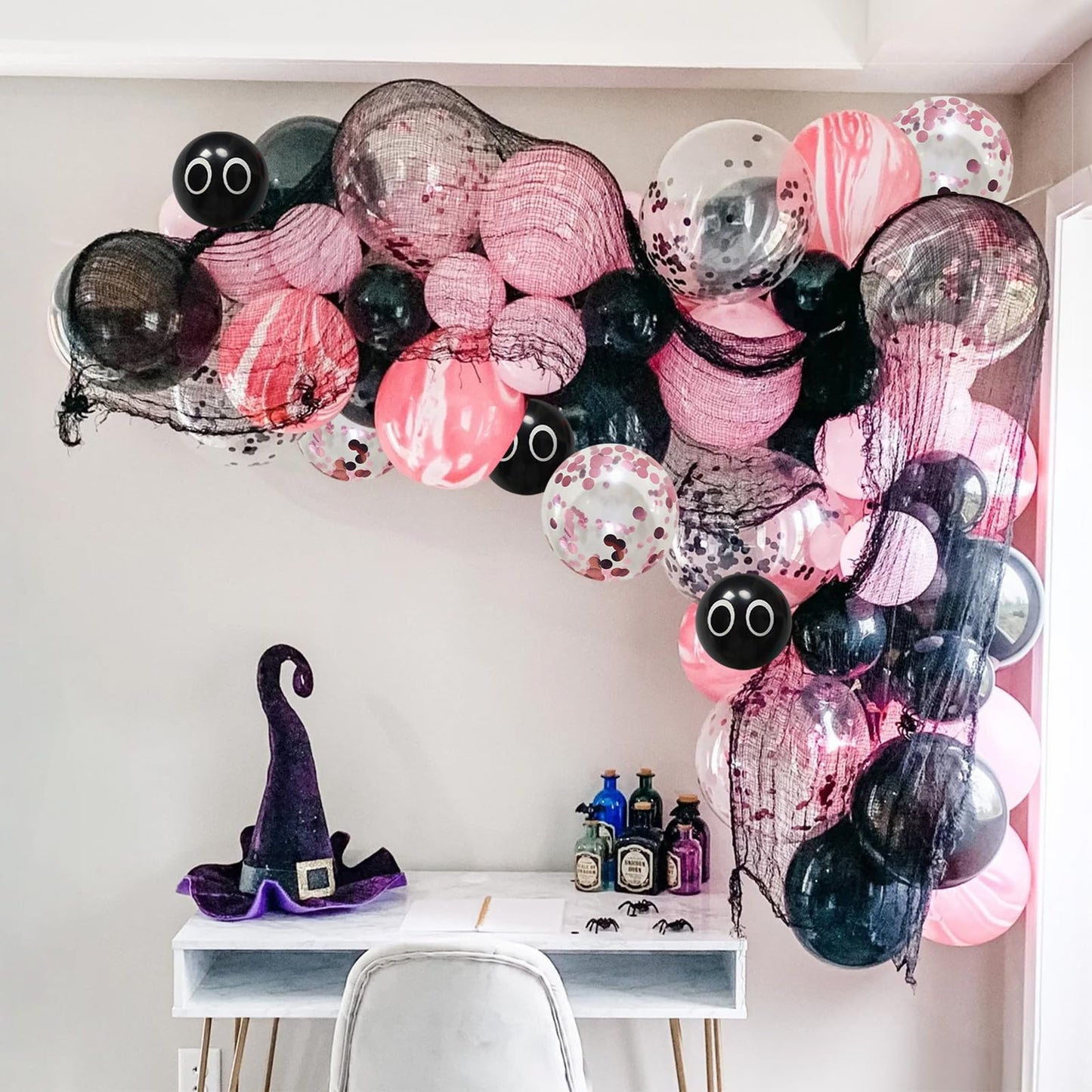 Halloween Balloon Arch Kit 98Pcs Pink and Black Balloon Garland with Ghost Eye Pink Agate Balloons 3D Bat Spider Cobweb for Trick or Treat Day of the Dead Spooky Boo Haunted House Party Decorations