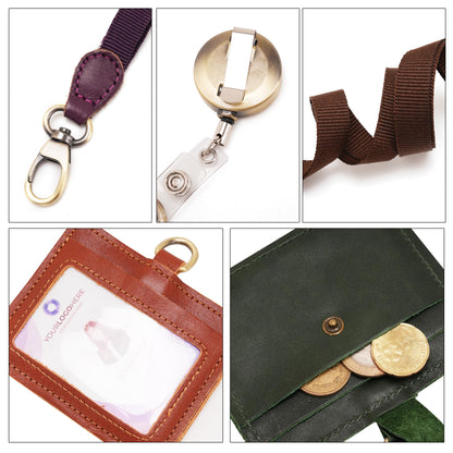 Wonderpool Leather Horizontal Badge Holder with Detachable Neck Lanyard and Retractable Badge Reel Clip, Card Slots Case ID Card Holder for ID Badges Card and Driver Licence (Coffee)