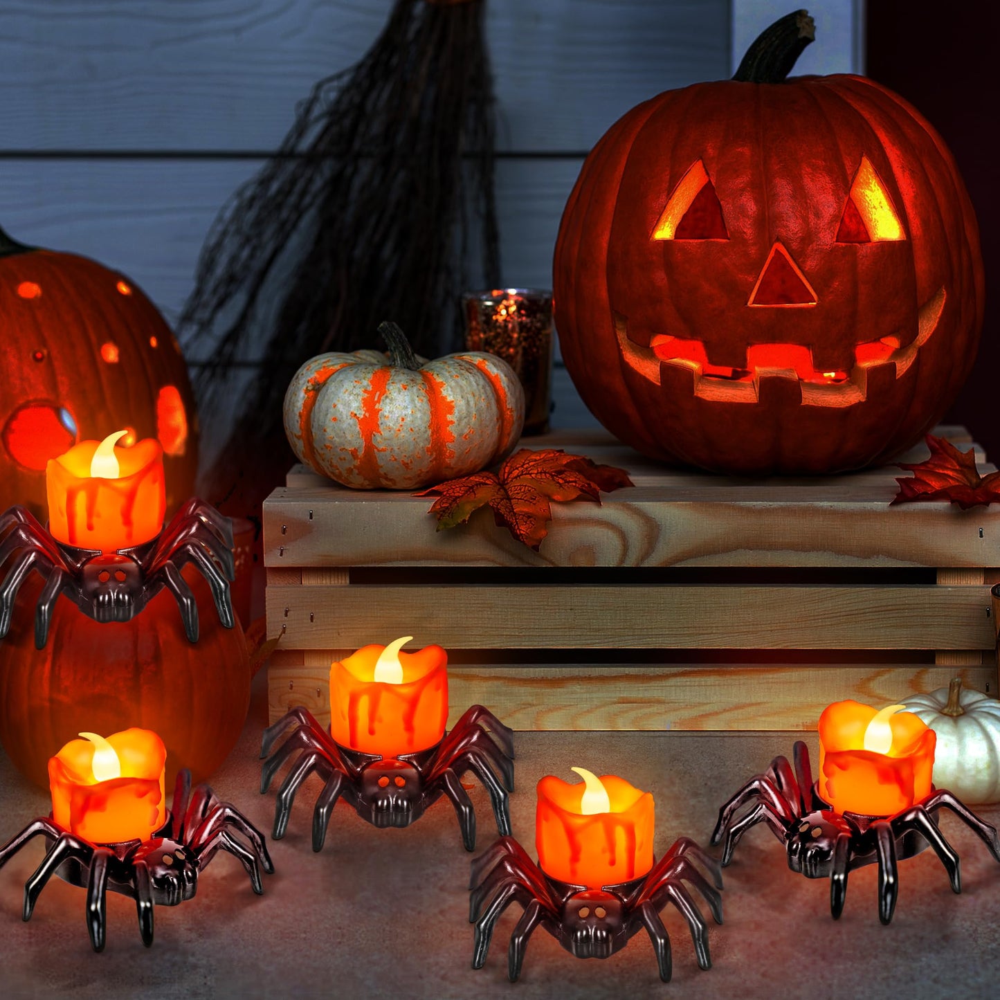 Sakayo 6 PCS Halloween Tea Lights Candles, Battery Operated Halloween's Flameless LED Candles, Spider Tealights Spooky Electric Flickering Fake Candle for Halloween Party Decorations