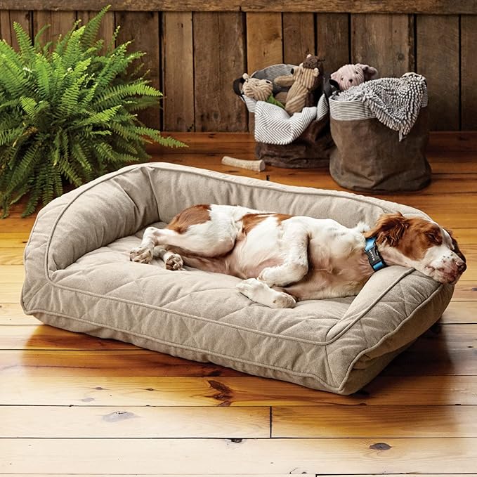 Orvis Comfort Fill-Eco Couch Dog Bed – Plush Three-Sided Bolster with Comfort Fill-Eco Cushion, Quilted Cover, Zip-Off & Machine Washable, Heathered Khaki - Medium