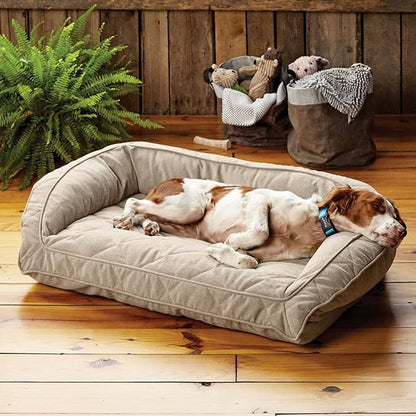 Orvis Comfort Fill-Eco Couch Dog Bed – Plush Three-Sided Bolster with Comfort Fill-Eco Cushion, Quilted Cover, Zip-Off & Machine Washable, Heathered Khaki - Medium