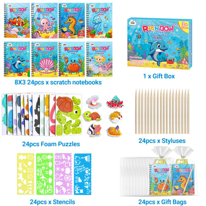ZMLM 24 Pack Scratch Art Party Favors for Kids 4-8 – Individually Wrapped Rainbow Notebooks, Mess-Free Goodie Bag Stuffers, Non-Candy, Classroom Prizes, Travel Quiet Time Crafts for Boys Girls(Ocean)