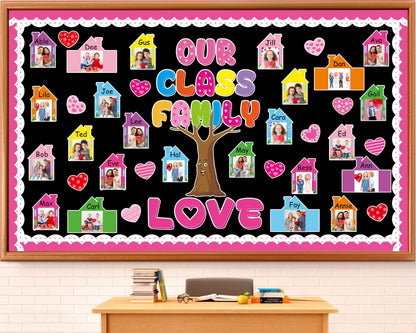 Back to School Bulletin Board Set Our Class is a Family Classroom Decoration with 3D Photo Frame House Pink Paper Cutouts Family Tree Bulletin Board for Home Office School Classroom Wall Decor