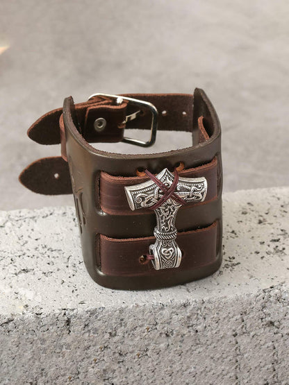 HAQUIL Viking Bracelet for Men, Viking Mjolnir Pendant, Nordic Brown Wide Leather Wristband, NorseJewelry Men