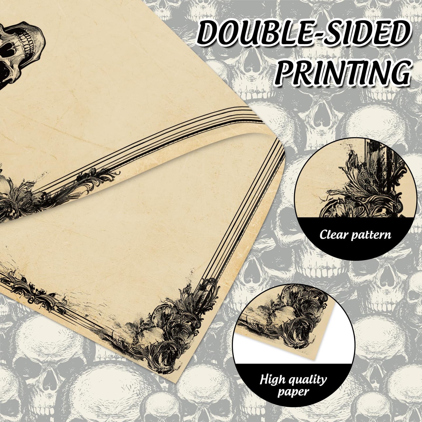 FYSUIMU 60 Sheets Halloween Skull Stationery Letterhead Paper Skull Letter Writing Paper for Notes Greeting Cards Invitation Office Printing, 8.5 x 11 Inch, Double Sided