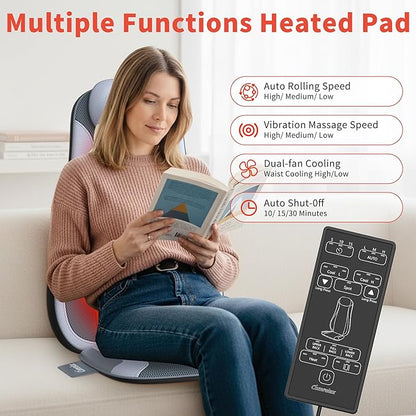 Shiatu Back Massager with Heat, Kneading Rolling Vibration Chair Massager for Deep Tissue Pain Relief, Massage Chair Pad for Home & Office, Ideal Gift for Dad & Mom