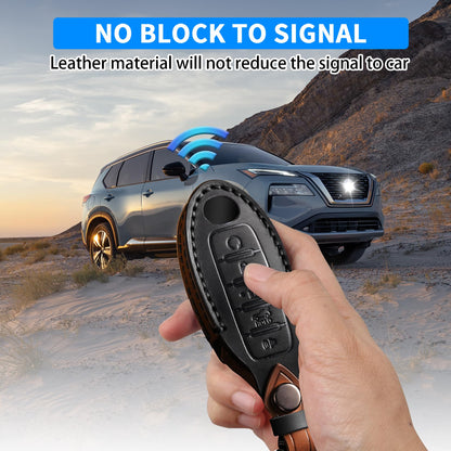 QBUC for Nissan Genuine Leather Key Fob Cover Protective Case with Keychain for Rogue Pathfinder Murano Armada Frontier Sentra Altima Versa Titan Maxima Titan Xterra 5-Buttons(Black Leather)