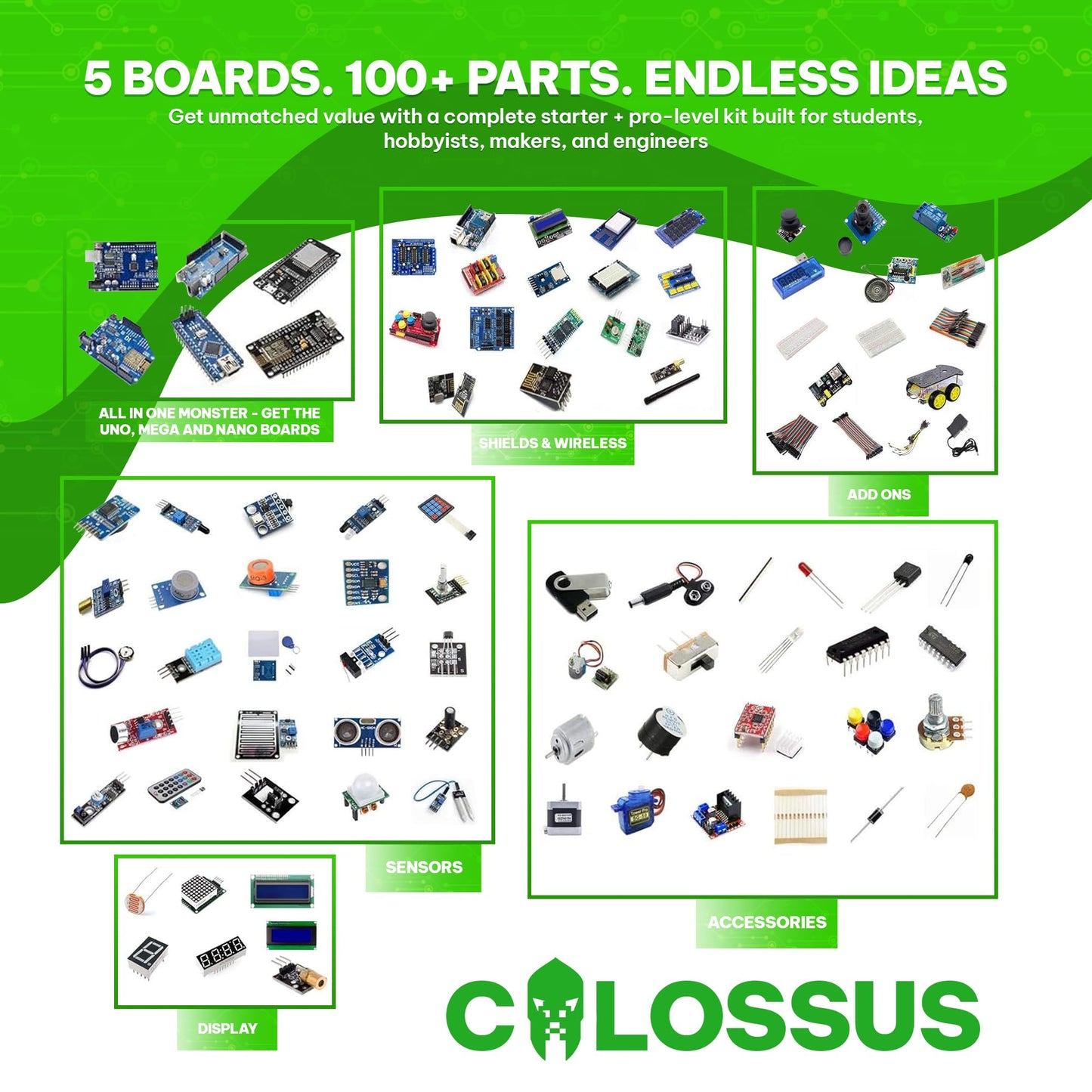 GAR Colossus Starter Kit for Arduino 5 Main Boards 30 Sensors (Uno R3, Mega 2560, Nano V3, ESP8266, ESP32) | 100+ Parts, IoT, Wireless & Smart Robot Car Projects Husky Tool Box + Tutorials