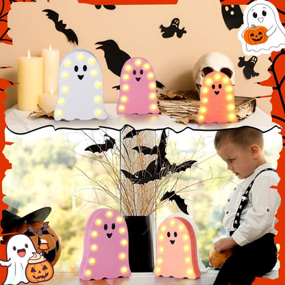 Tujoe 3 Pcs Halloween Decorations Light Up Wooden Ghost Light Up Ghost Kit Pink Halloween Table Centerpiece for Home Decor Kitchen Mantel Tabletop Windowsill