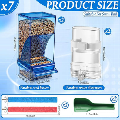 Novabright 7 Pcs No Mess Bird Feeder Water Dispenser Set Include Automatic Parakeet Feeder and Drinker with Bird Paw Grinding Stick Cage Accessories for Small Medium Cockatiel Lovebird(Classic,Blue)