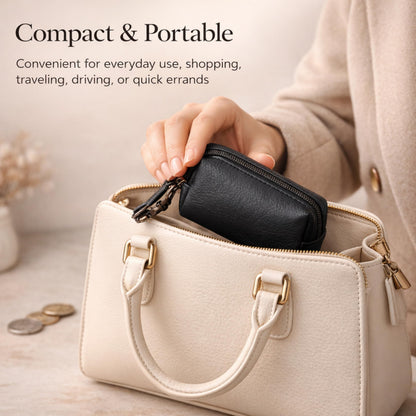 Leather Zipper Coin Pouch with Key Clip, Compact Change Holder Wallet for Men & Women, Small Leather Coin Purse for Cash, Keys, Earbuds, Everyday Carry Accessory (1, Black)
