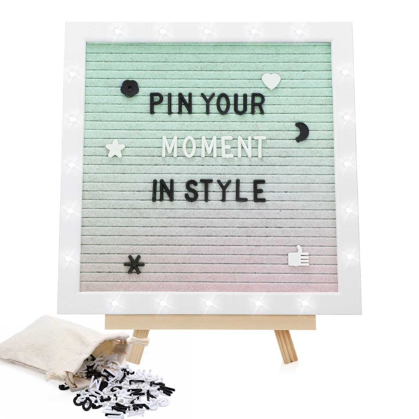 Gradient Felt Letter Board with LED Lights - 10 ×10" Custom Message Board with Changeable Letters & Stand, First Day of School Sign/Graduation/Pregnancy/Baby Announcement/Wedding/Classroom Decor