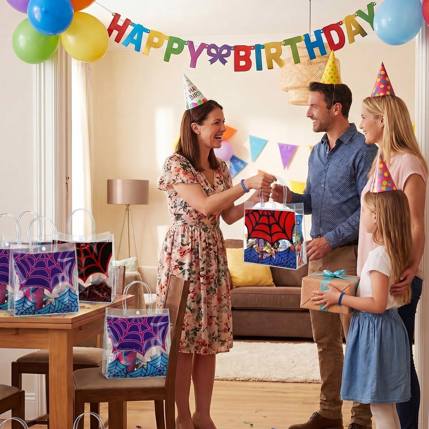 Lzuhoa 122 Pcs Spider Party Favors Birthday Decorations Includes 12 Spider Goodie Bags 12 Party Cups with Lids and Straws, 12 Keychains, 12 Bracelets, 50 Stickers, 24 Spider Goodie Bags Stuffers