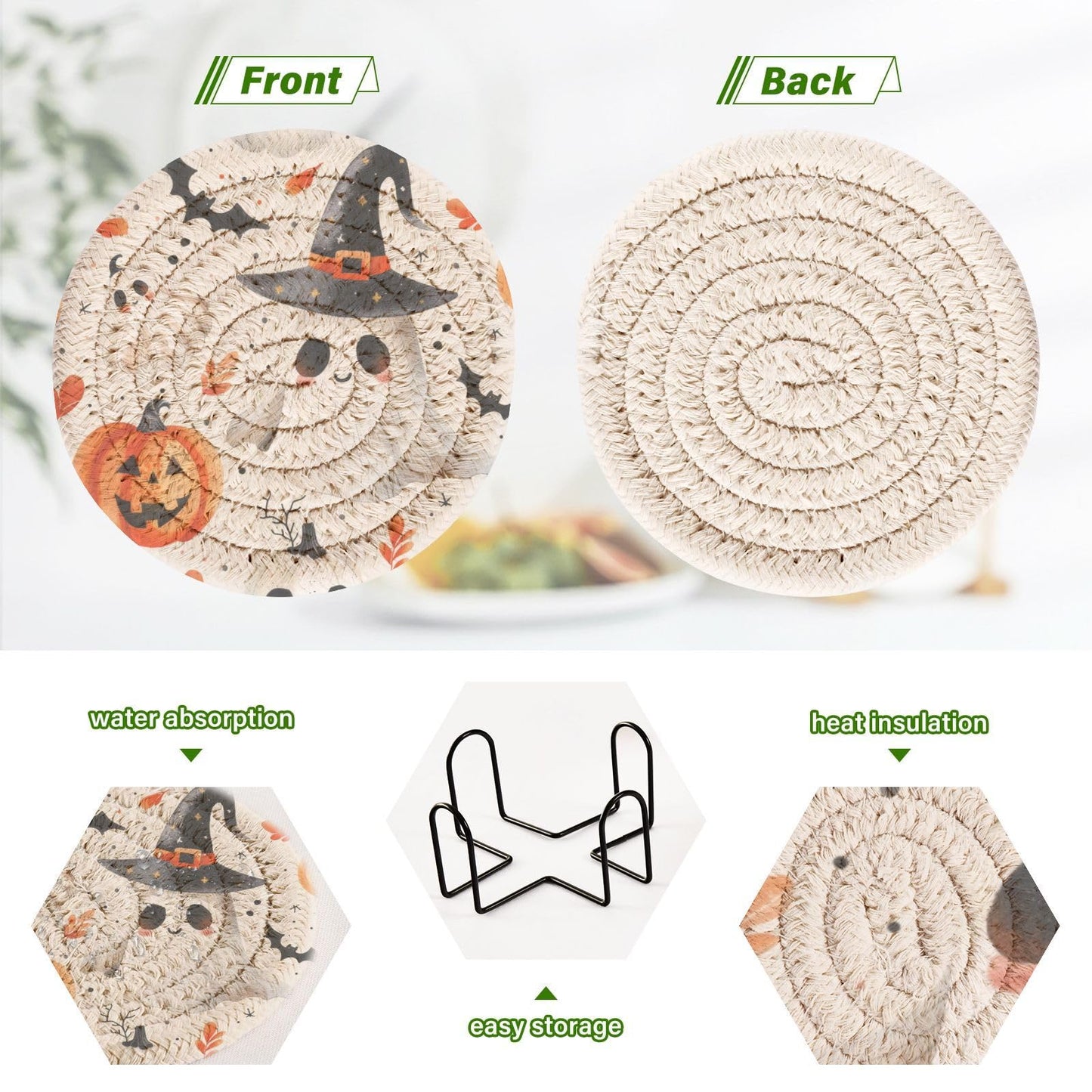 Msyxl Cute Halloween Drink Coasters Set - 6 Pcs Minimalist Woven Coasters with Holder for Home Decor, 3.94 Inch Absorbent Coasters for Drinks