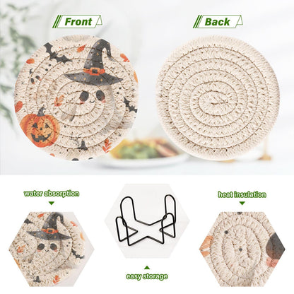 Msyxl Cute Halloween Drink Coasters Set - 6 Pcs Minimalist Woven Coasters with Holder for Home Decor, 3.94 Inch Absorbent Coasters for Drinks