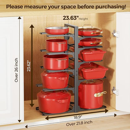 LAMU 10-Tier Pots and Pans Organizer under Cabinet, 23.62" Height Heavy Duty Pots Pans Organizer Rack for inside Cabinet Adjustable for Big Stockpots, Dutch Oven, Cast-iron Pans, Heavy Cookware