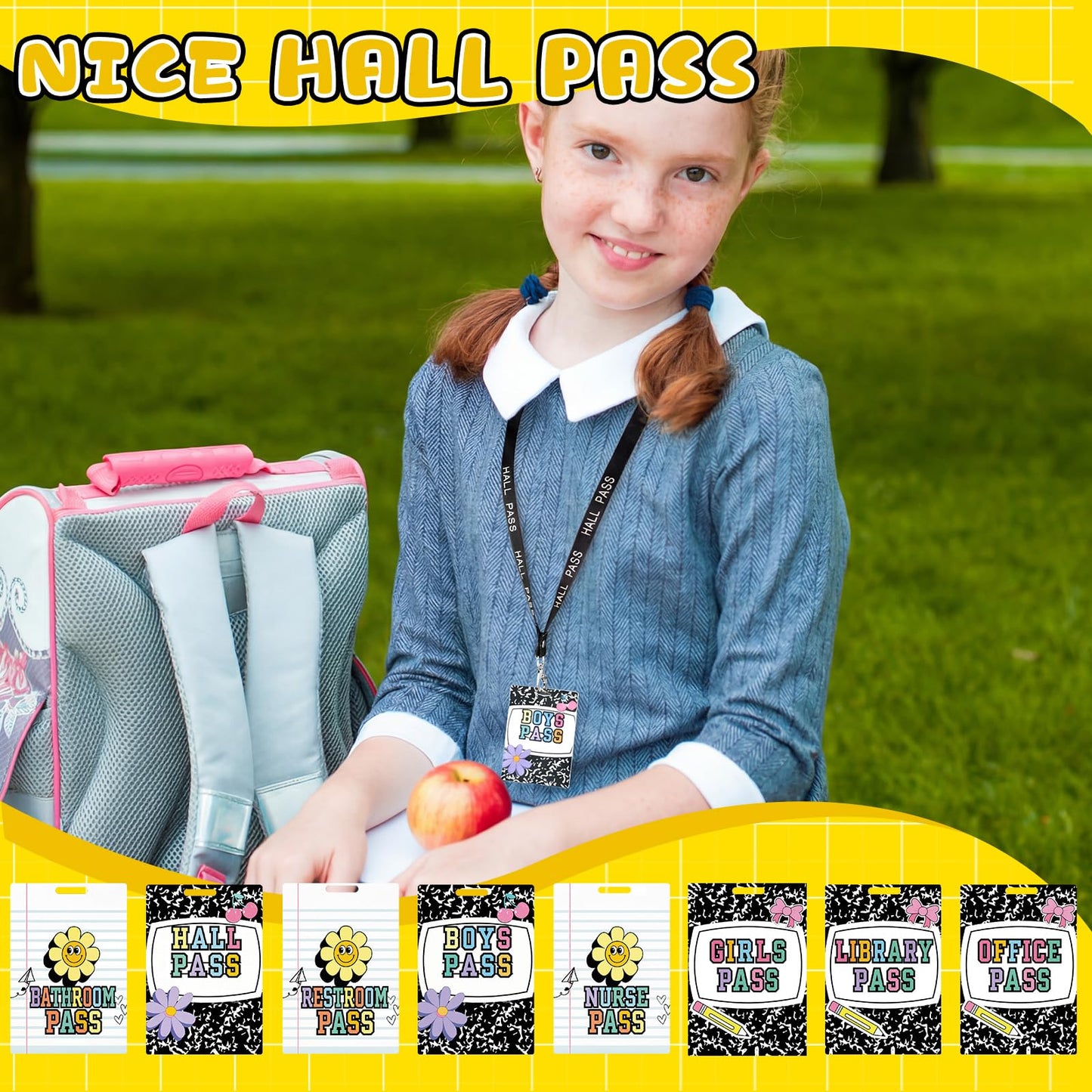 Fuyoooo 16 Set Flower Hall Pass Lanyards Unbreakable PVC Composition Notebook Classroom Passes with Lanyards Bathroom Boy Girl Library Hall Office Nurse Pass 2.4 x 3.5