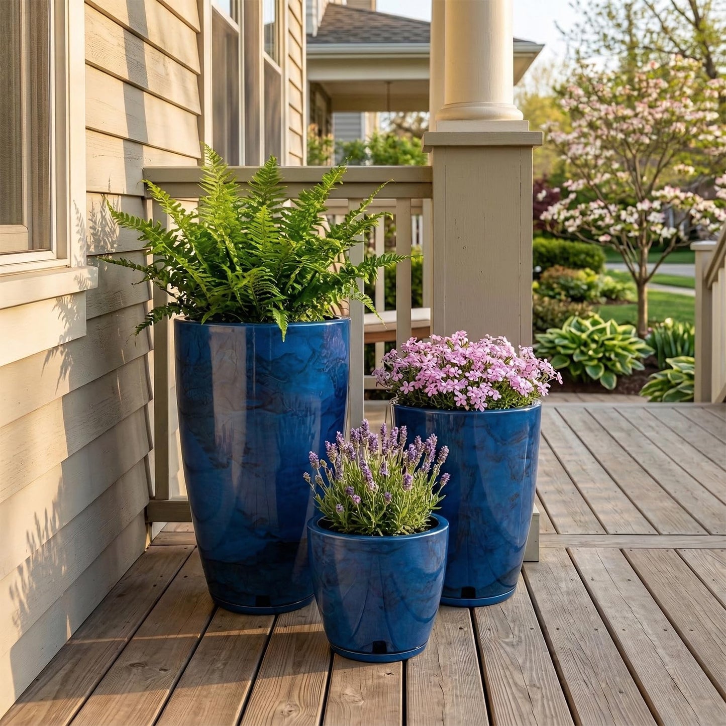 Floridis Plastic Plant Pot, Blue Marble Effect, Set of 3 (11+17+25 inch) with Drainage Hole and Saucer. Outdoor and Indoor Set of Black planters for patios, Front Porch.
