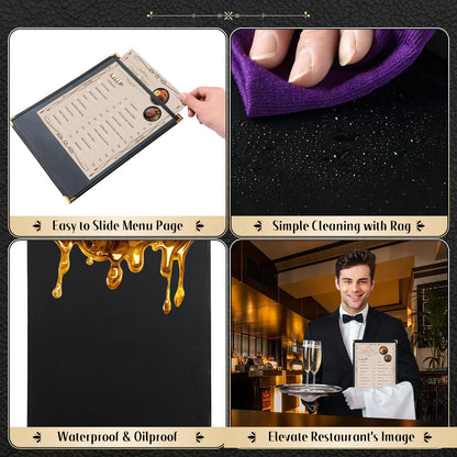 FLKQC Restaurant Menu Covers 8.5 x 11" with PVC Cover, 12 Pack Synthetic Leather Menu Holder Covers with Protective Layer, Book Style, Black, Perfect for Wine List, Laminated Menu Covers (12, 1 Page)