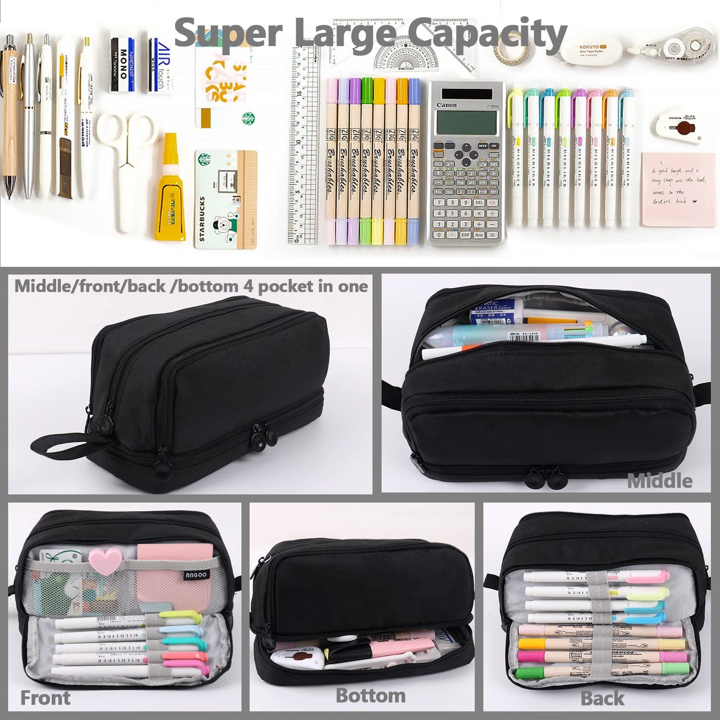 MAMUNU Large Capacity Pencil Case 4 Compartments, Pencil Pouch Bag with Zipper Portable Handle, Pen Case Bag Stationery Organizer for Office College School Adults Teen Girls Boys Men Women, Black