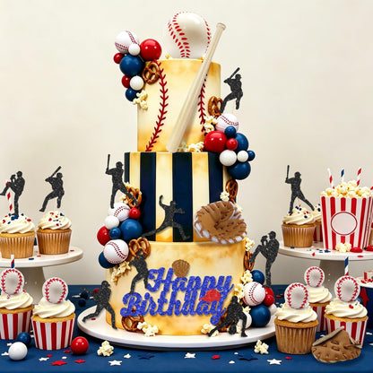 35 PCS Red Blue Baseball Cake Topper Decorations Balls Cupcake toppers Gloves Bats for Boys Sports Baseball Softball Theme Birthday Party Decorations