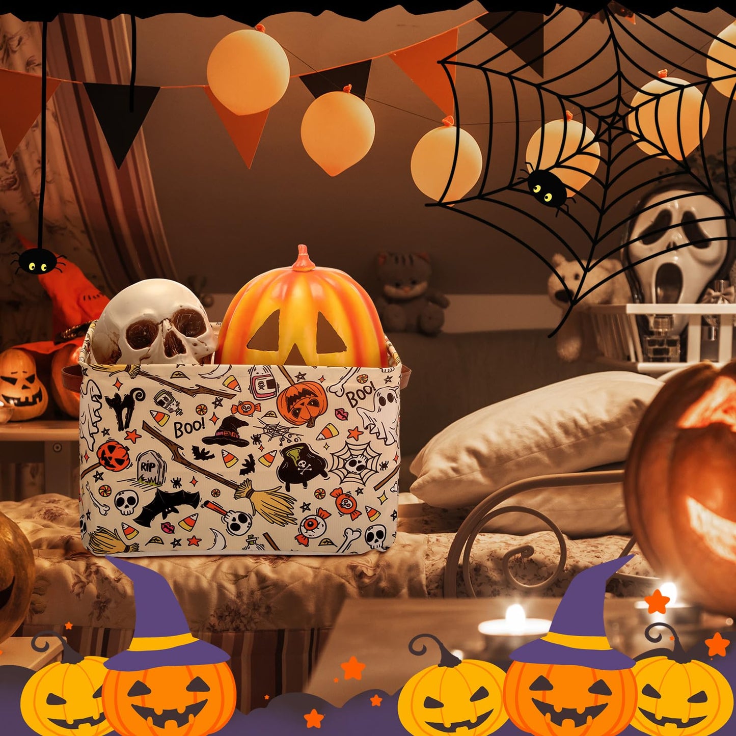 Seeloowy Halloween Ghost Basket with Handles Boo Pumpkin Bat Horror Storage Bin White Spooky Large Foldable Toy Laundry Storage for Halloween Room Car Decoration Bucket Laundry Box